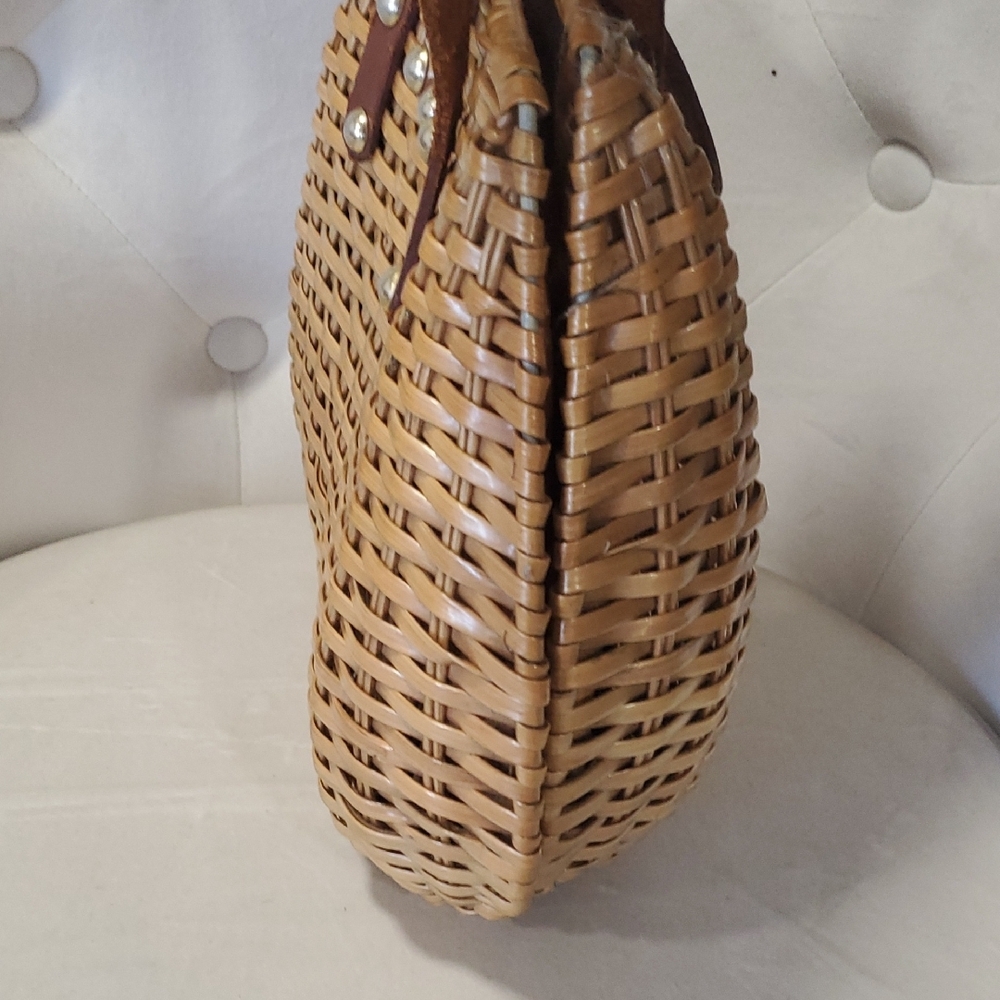 Simon Hand Made Wicker Brown Leather Top Handle Woven Satchel Bag - Picture 2 of 15